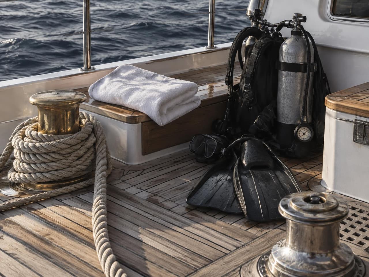 Teak deck at early light with coiled rope and a brass fitting